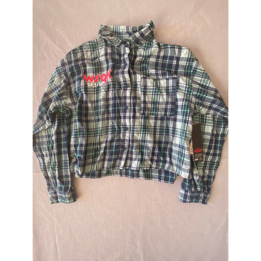 Netflix Stranger Things Cropped Flannel Shirt Teal Plaid Hawkins Hitmaker L12-14